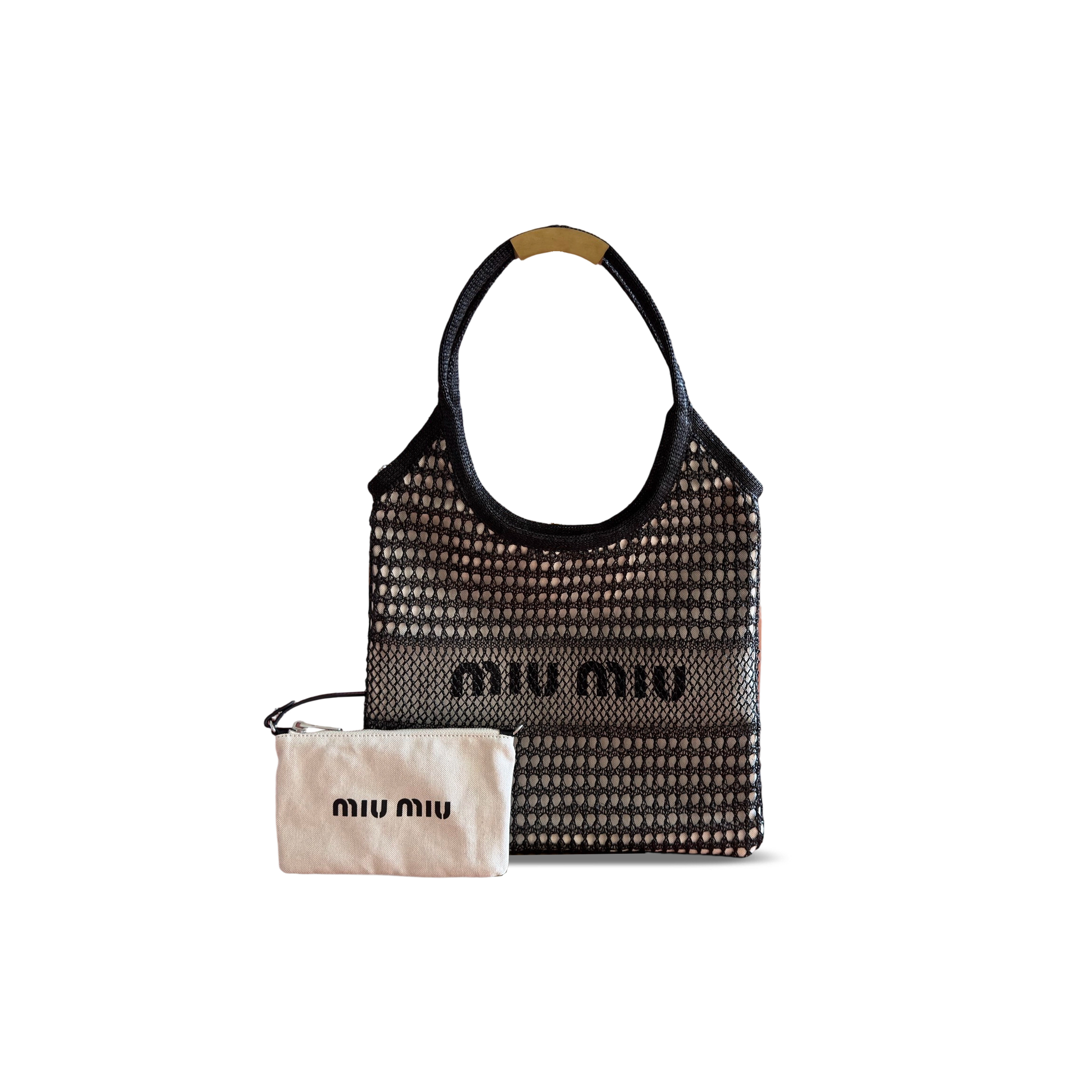 MIU MIU IVY RAFFIA-EFFECT AND LINEN TOTE BAG 5BG231 (40*35cm)